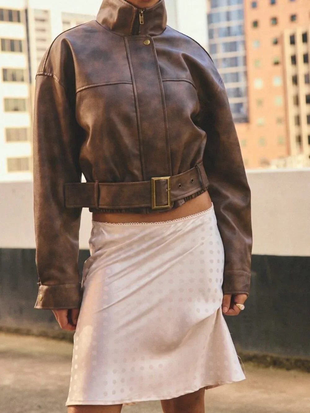 Rust Brown Casual Women's Funnel Neck Faux Leather Jacket With Buckle Belt